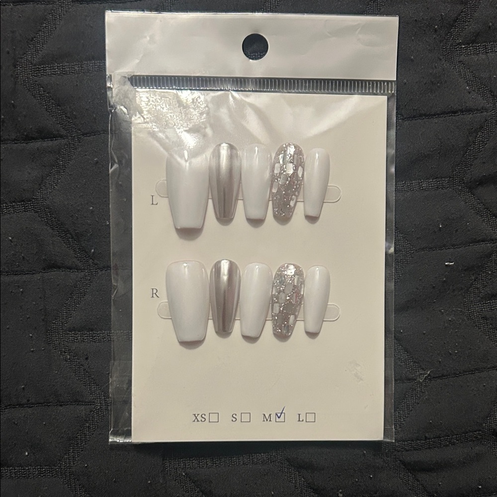 Handmade White and Silver Press-On Nails